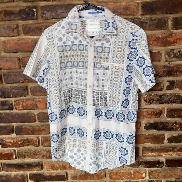 Denim & Flower Other - Denim & Flower Blue White Printed Short Sleeve Button Down Shirt Mens Size Small